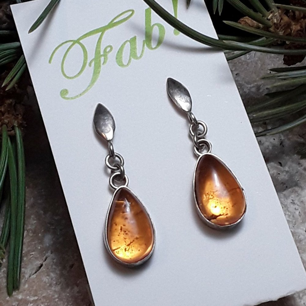 Baltic Amber & Sterling Tear Drop Dangle Post Earrings